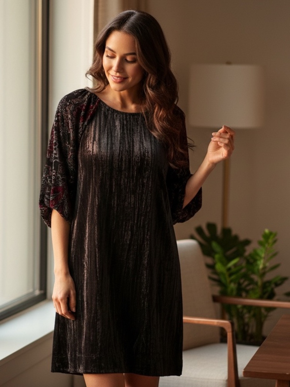 Umgee Kira Dark Gray Velvet Patterned Floral Sheer Dolman Sleeves Dress
